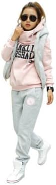 Summersha Women's 3pcs/set Pink Winter Thicken Casual Set Vest+top/ Hoody+ Pant (Large)