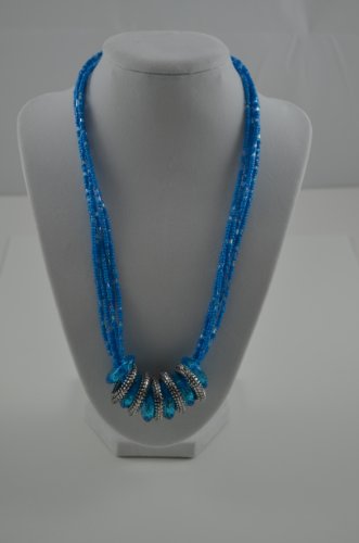 Necklace Multi Strand Beads with Silver Rings Blue 3 inch extensions