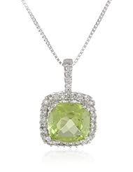 10k White Gold, August Birthstone, Peridot and Diamond Cushion Pendant Necklace