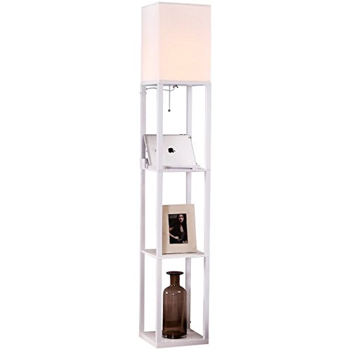 Brightech - Maxwell USB Shelf Floor Lamp - Mood Lighting for your Living Room and Bedroom - Shade Diffused Light Source in a Natural Wood Frame with Open-Box Shelves - Orchid White