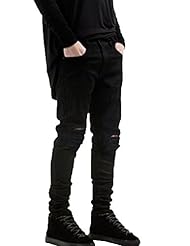 Apparel: Krralinlin Mens Slim Fit Black Ripped Skinny Destroyed Denim Jeans