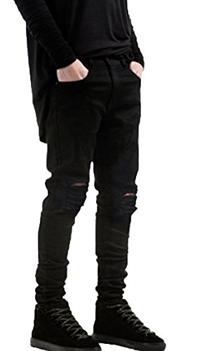 Krralinlin Mens Slim Fit Black Ripped Skinny Destroyed Denim Jeans