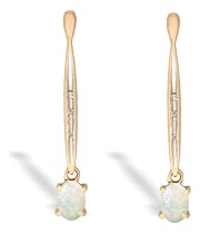 14K Yellow Gold Genuine Oval Opal and Diamond Dangle Drop Earrings