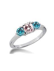 1.00 Ct 3-Stone Round Pink and Blue Diamond 14K White Gold Ring
