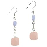 Sterling Silver .925 Genuine Rose Quartz Lace Agate Stone Nugget Rolo Link Dangle Drop Earrings