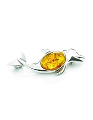 SilverAmber 925 Sterling Silver & Baltic Amber Jewellery - Dolphin Brooch 4009