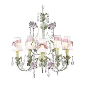 Pink and Green 5 Arm Flower Garden Chandelier with set of 5 pink daisy pearl shades