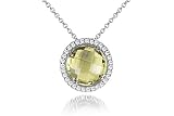 14K White Gold Pendant, Centered with a Lemon Quartz Color Stone, Surrounded by Pave Set Diamonds, Sliding on a 16 Cable Chain Necklace.