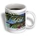 Island Scene Looking Through Window with Hibiscus Flowers and Palm Leaves on Textured Background - 11oz Mug