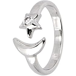 Sterling Silver 925 Cubic Zirconia STAR and MOON Adjustable Toe Ring