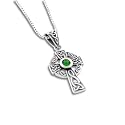 Sterling Silver Celtic Knot Sun Cross with Emerald Green Glass Pendant 18" Necklace