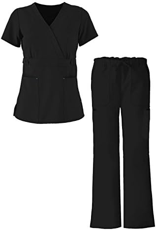 G Med Women's 2 Front Button Tabs Scrub Top and Flare Pant 2-Piece Fashion Sets
