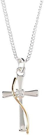 Two-Tone Flare Cross with Gold Sash CZ Stone Silver Plated 18 inch Pendant Necklace