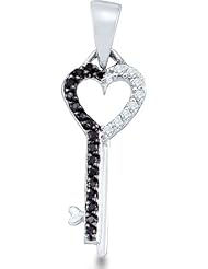 10k White Gold Black and White Diamond Round Cut Key to my Heart Pendant (1/8 cttw)