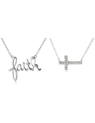 Sterling Silver Duo Necks, Crystal Cross and "Faith" Necklace, 16"+2" Extender