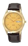 Seiko Leather Strap Gold-Tone Dial Men's Watch #SNE052