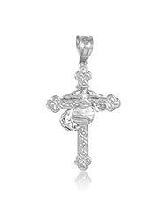 10k White Gold US Marine Christian Fleur-de-lis Cross Charm Pendant