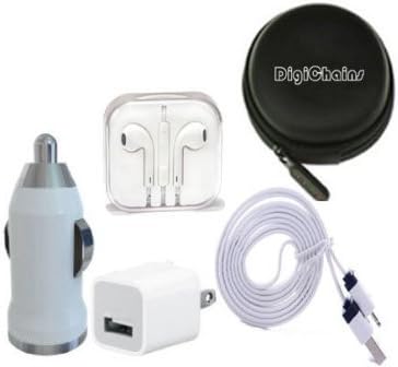 DigiChains 5-in-1 Earphone/cable Hard Case/Bag + earphone + Wall Charger + Car Charger+ 2M Length USB Sync Data / Charging White Cable for iPhone 5 / 5C / 5S iPad Mini iPod Touch 5th Gen