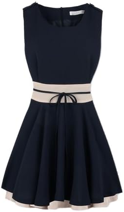 Finejo Women Splicing Decoration Waist Short Design One-Piece Dress