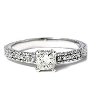 REAL .50CT PRINCESS CUT VINTAGE MILGRAIN ENGAGEMENT RING 14K WHITE GOLD REAL .50CT PRINCESS CUT VINTAGE MILGRAIN ENGAGEMENT RING 14K WHITE GOLD