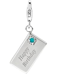 Sterling Silver Happy Birthday Card Charm with Lobster Clasp ,Turquoise Swarovski December Birthstone , Width 3/8 Inch, Length 1/1/2 Inch, Weight 3.8g, Fits Traditional Charm Bracelet, Best Gift for December Birthday