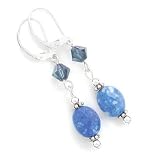 Austrian Crystal and Faceted Denim Lapis Lever Back Earrings