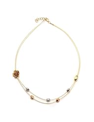14k Tri Color Yellow, White and Rose Gold 10 Grams Two Row Flower and Bead Necklace, 17" with 1" Extender. Made in Italy