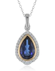 18k Yellow Gold Plated Sterling Silver Two-Tone Created Blue Sapphire and White Simulated Diamond Teardrop Pendant Necklace, 18"