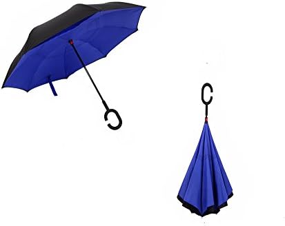 New Reverse Umbrella, Double Layer Inverted Umbrella, Mysj Creative Cars Reverse Umbrella Straight Waterproof And Self Standing Inside Out Compact Travel Umbrella With "C" Handle (Royal blue)