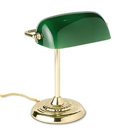 Traditional 60W Incandescent Banker s Lamp w/Green Glass Shade, Brass Base, 14"