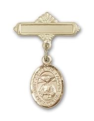 Gold Filled Baby Badge with St. Catherine Laboure Charm and Polished Badge Pin