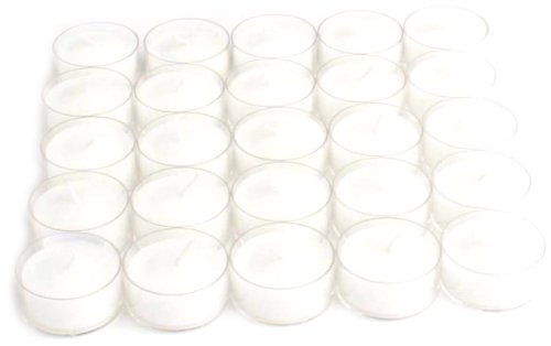 tag Unscented Basic Clear Cup Tealight Candle 25 Pack Burn Time 3 Hours Ideal for Home Decor Decoration Birthday Parties Wedding Dinner White