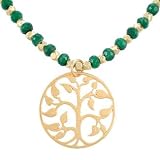 Round Family Tree of Life Pendant in Gold Vermeil on an Emerald Gemstone and Vermeil Bead Choker Necklace, 16 1/2" Length, #7916