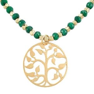 Round Family Tree of Life Pendant in Gold Vermeil on an Emerald Gemstone and Vermeil Bead Choker Necklace, 16 1/2" Length, #7916