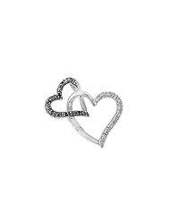 Sterling Silver Black & White Interlocked Hearts Pendant Charm Pure 925 New 24mm with 2mm Figaro Chain