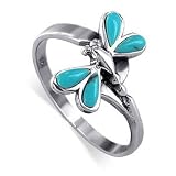 Pretty Dragonfly Reconstituted Turquoise Band Sterling Silver Ring Size 4 to 8