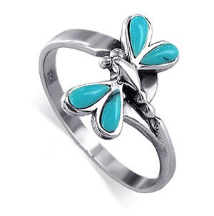 Sterling Silver Teardrop Shaped Reconstituted Turquoise Polished Finished 2mm Band Dragonfly Ring Size 4, 5, 6, 7, 8