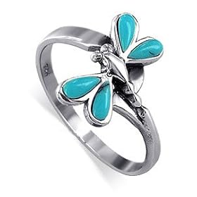 Pretty Dragonfly Reconstituted Turquoise Band .925 Sterling Silver Ring