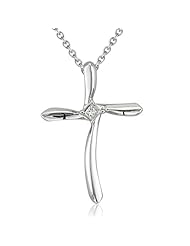 Sterling Silver Solitaire Princess-Cut Diamond Cross Pendant Necklace-0.05 carat