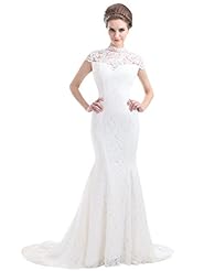 High-Neck Sweetheart Floor Length Cap Sleeves Lace Illusion Natural   Waistline Mermaid  Dress