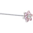 Solid 14KT White Gold Pink and Clear Cubic Zirconia Flower Straight Fishtail 3/4 - 18 Gauge