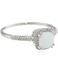 10k White Gold, October Birthstone, Created Opal and Diamond Cushion Ring, Size 7