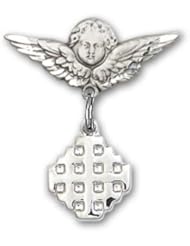 Sterling Silver Baby Badge with Jerusalem Cross Charm and Angel with Wings Badge Pin