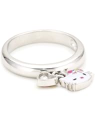 Hello Kitty by Simmons Jewelry Co. "Flirty Kitty" White Rho Plated Enamel Fill with Swarovski Accent Heart Charm Ring, Size 7