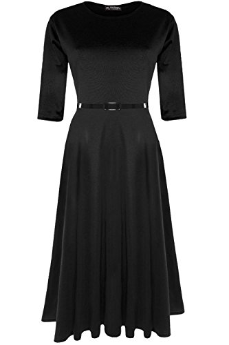 Oops Outlet Women's Belted 3/4 Sleeves Round Neck Swing Midi Skater Dress Top