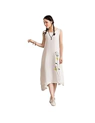 Sleeveless Floral Print Cotton/Linen Round Neck  Dress