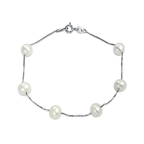 Bling Jewelry 925 Silver Tin Cup White Cultured Pearl Station Bracelet