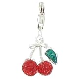 Les Poulettes Jewels - Sterling Silver Charms - Red Cherries - Rhinestones- with Lobster Clasp