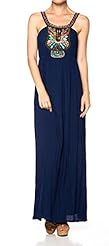 Junior A-line Cotton/Polyester Stretchy Shirred Applique Fitted Halter Full Length Maxi Dress 