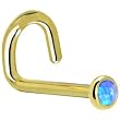 Solid 14KT Yellow Gold 2mm Blue Synthetic Opal Left Nostril Screw - 18 Gauge